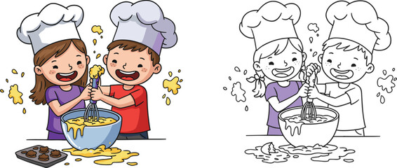 Children baking cookies together, fun cooking activity, messy kitchen, childhood imagination, teamwork, creativity, playful illustration, happy kids, learning, culinary adventure