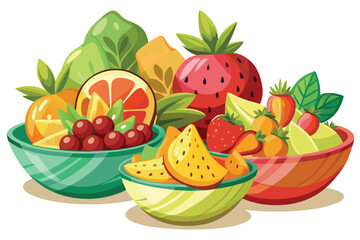 Colorful bowls overflow with vibrant oranges, cherries, watermelon, and sliced mangoes for fresh fruit salad