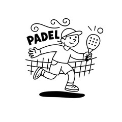 Child Playing Padel Vector Illustration — Fun Cartoon Sport Design in Black and White