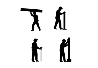 Obraz premium Silhouetted construction workers performing various tasks, carrying materials, and working.