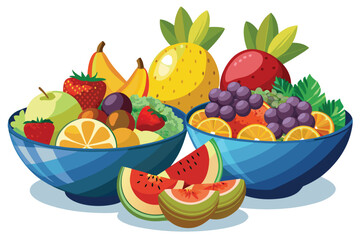 Various vibrant fruits sit deliciously inside artistic blue bowls, complemented by juicy watermelon slices