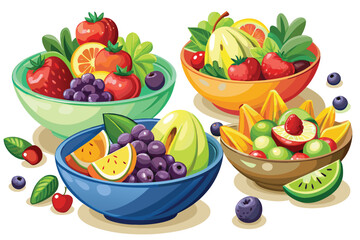 Four bowls of diverse fruits are arranged artfully with fresh leaves adding to presentation