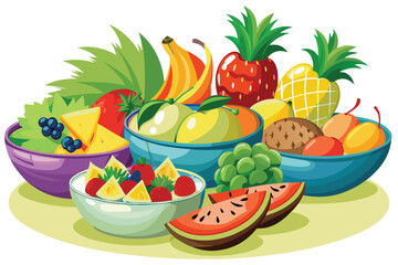Bowls filled with various fresh fruits like bananas, pineapples, watermelon slices, and grapes create vibrant food scene