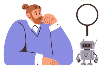Pensive person in blue sweater contemplating robot design with magnifying lens. Ideal for technology, AI research, innovation, problem-solving, curiosity, future exploration, simple flat metaphor