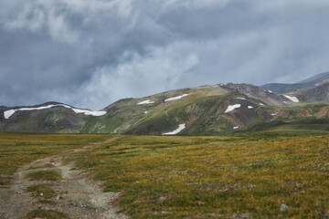 winding dirt path leads through lush green meadows under a cloudy sky. Snow-capped mountains rise majestically in the background, creating a serene atmosphere. Russia, Altai Mountains