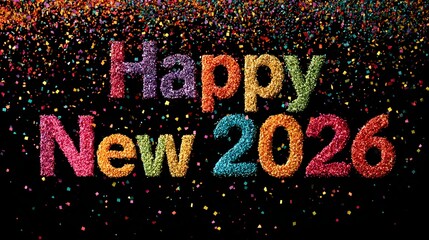 Vibrant celebration scene with glowing rainbow typography &ldquo;Happy New Year 2026&rdquo; and falling confetti