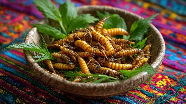 Exotic edible insects presented in a rustic bowl with fresh herbs on a vibrant, colorful textile background