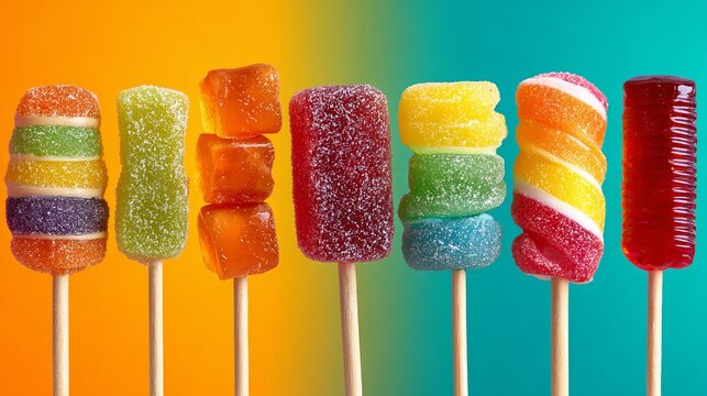 Vibrant assortment of colorful candies on sticks, perfect for food photography, dessert menus, or sweet treat concepts