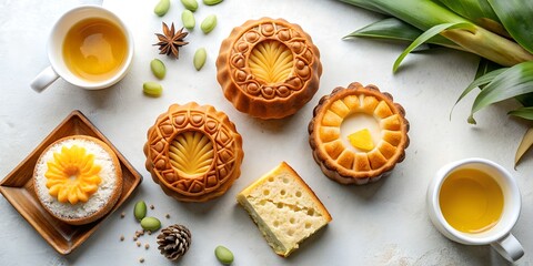 Taiwanese mooncakes cut open to show pineapple and mung bean filling, surrounded by ingredients &mdash; pineapple jam, mung beans,