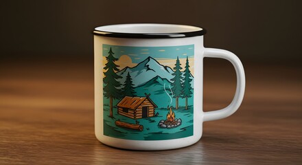 A white mug displays a cartoon landscape of a cabin campfire and mountains sitting on a wooden surface