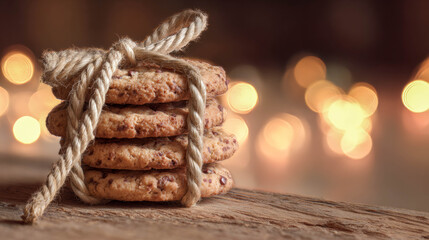 Stack of freshly baked cookies tied with twine on rustic wooden table with warm bokeh background