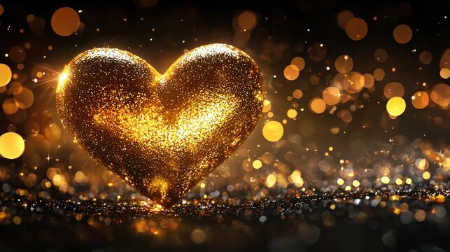 Golden Glittering Heart with Bokeh Lights on Dark Background.