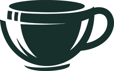 Simple dark teal graphic of a coffee cup with a rounded handle