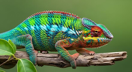 Fototapeta premium Colorful Chameleon Resting on a Branch in a Natural Environment