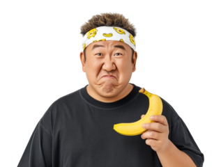 Expressive Man with Banana Headband Makes a Funny Face Holding a Banana  isolated on a transparent background