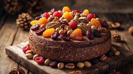 Festive Fruit and Nut Cake with Berries and Pinecones on Wood (AI-generated)