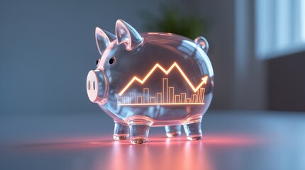 Transparent Piggy Bank with Financial Growth Chart and Inner Glow (AI-generated)