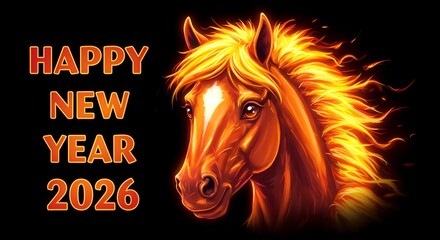Fire horse representing the symbol of New Year 2026 with wishes for a happy new year on a black background