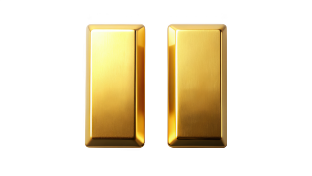 Two shiny gold bars isolated on transparent background representing wealth and value