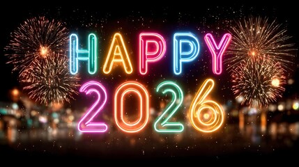 Vibrant neon glowing &ldquo;Happy New Year 2026&rdquo; text in rainbow colors with fireworks and confetti on dark festive background
