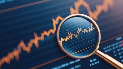 Fototapeta premium A magnifying glass focuses on a graph showcasing fluctuating data trends, symbolizing analysis and insight in data interpretation.