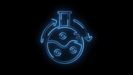 Science experiment glowing neon animation of laboratory glassware with liquid recycling symbol on black - Powered by Adobe