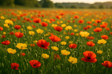 Fototapeta premium Colorful field of red and yellow poppies in bloom