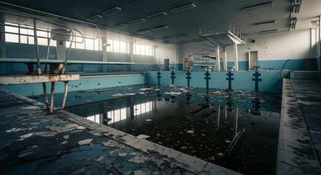 Abandoned swimming pool with murky water and debris, evoking a sense of decay and lost memories