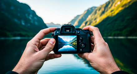 Frame within a frame: the camera screen shows an alpine landscape, POV