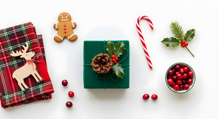 Christmas holiday flatlay with green velvet gift box gingerbread cookie candy cane plaid napkin and festive decor








