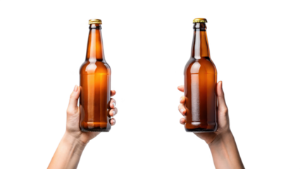 Two hands holding brown beer bottles isolated on transparent background