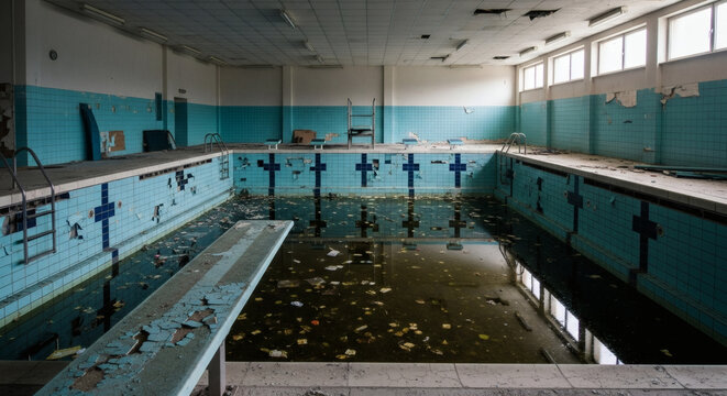 Abandoned swimming pool with murky water and debris, reflecting the decay of an abandoned building - Powered by Adobe