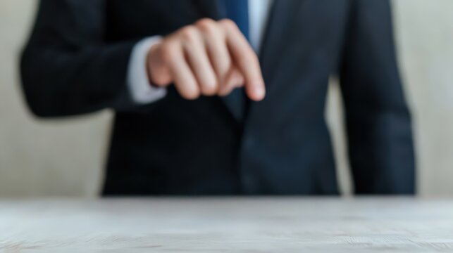 A businessman in a suit points towards an unseen object, suggesting a directive action or decision-making moment.