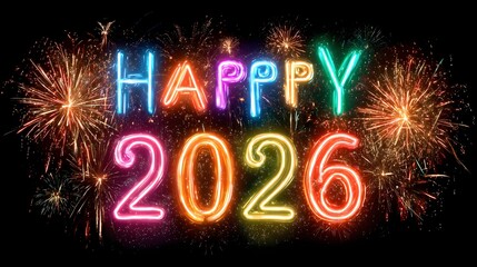 Vibrant neon glowing &ldquo;Happy New Year 2026&rdquo; text in rainbow colors with fireworks and confetti on dark festive background