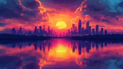 Cityscape with sunset over water and skyscrapers: perfect for articles about travel, city life, architecture, and relaxing evening strolls.