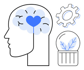 Profile of a human head with a heart inside the brain, gear icon, and plant in a glass dome. Ideal for mindfulness, empathy, mental health, innovation, sustainability, education personal growth