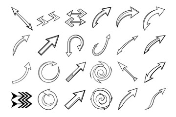 Vector Collection of Hand-Drawn Charcoal Arrow Icons  Rough Sketch Direction Pointers, Scribble Arrows and Swirl Elements on Transparent Background