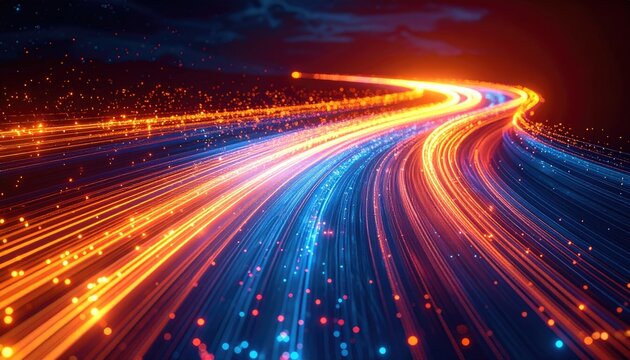 Abstract digital light streaks forming a vibrant glowing path in the dark night sky with dramatic clouds and scattered sparkling particles