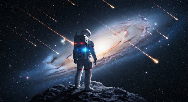 Astronaut contemplates a breathtaking galaxy from a celestial body, surrounded by falling stars