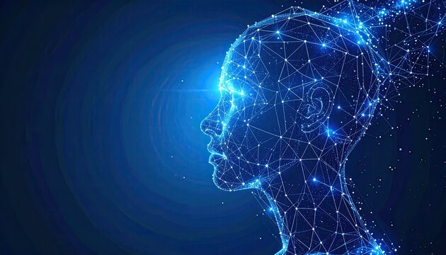Abstract digital silhouette of a human head composed of glowing blue particles against a dark background symbolizing artificial intelligence and data visualization