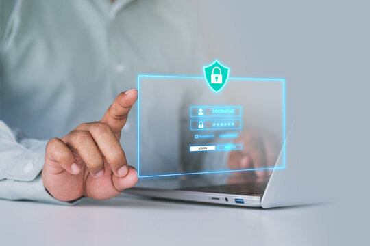 Cyber security, Hand touch digital interface padlock. Login verified identity credentials on network. Data protection technology. Online internet authorized access against cyber attack. Data privacy