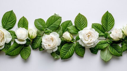 Elegant white roses and lush green leaves create a stunning floral border for wedding invitations, beauty blogs, or elegant designs