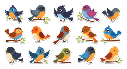 Obraz premium A charming collection of cute cartoon birds perched on branches depicting various species and colors