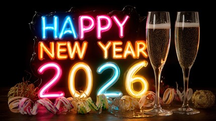 Vibrant neon party scene with glowing &ldquo;Happy New Year 2026&rdquo; surrounded by colorful ribbons and champagne splash