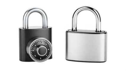 Two metal padlocks isolated on transparent background, one black with combination dial