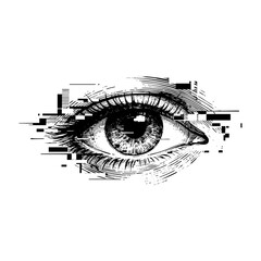 Obraz premium Glitch Distorted Human Eye Engraving Vector Illustration