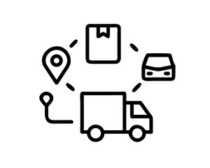 Delivery truck with package, car, and location pin