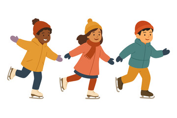 Children ice skating together on a winter day, full of joy. A diverse group of kids in colorful winter clothes and skates, enjoying the ice and their time outdoors. Vector illustration.