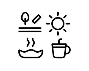 Icon illustration of spa day with hot tub, sun, drink, and nature elements