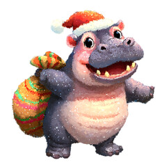 Naklejka premium Cute hippo wearing a Santa hat, big sparkling eyes, holding a gift sack bigger than itself, joyful festive vibe Festive Hippo Illustrations, Animated Holiday Animals
